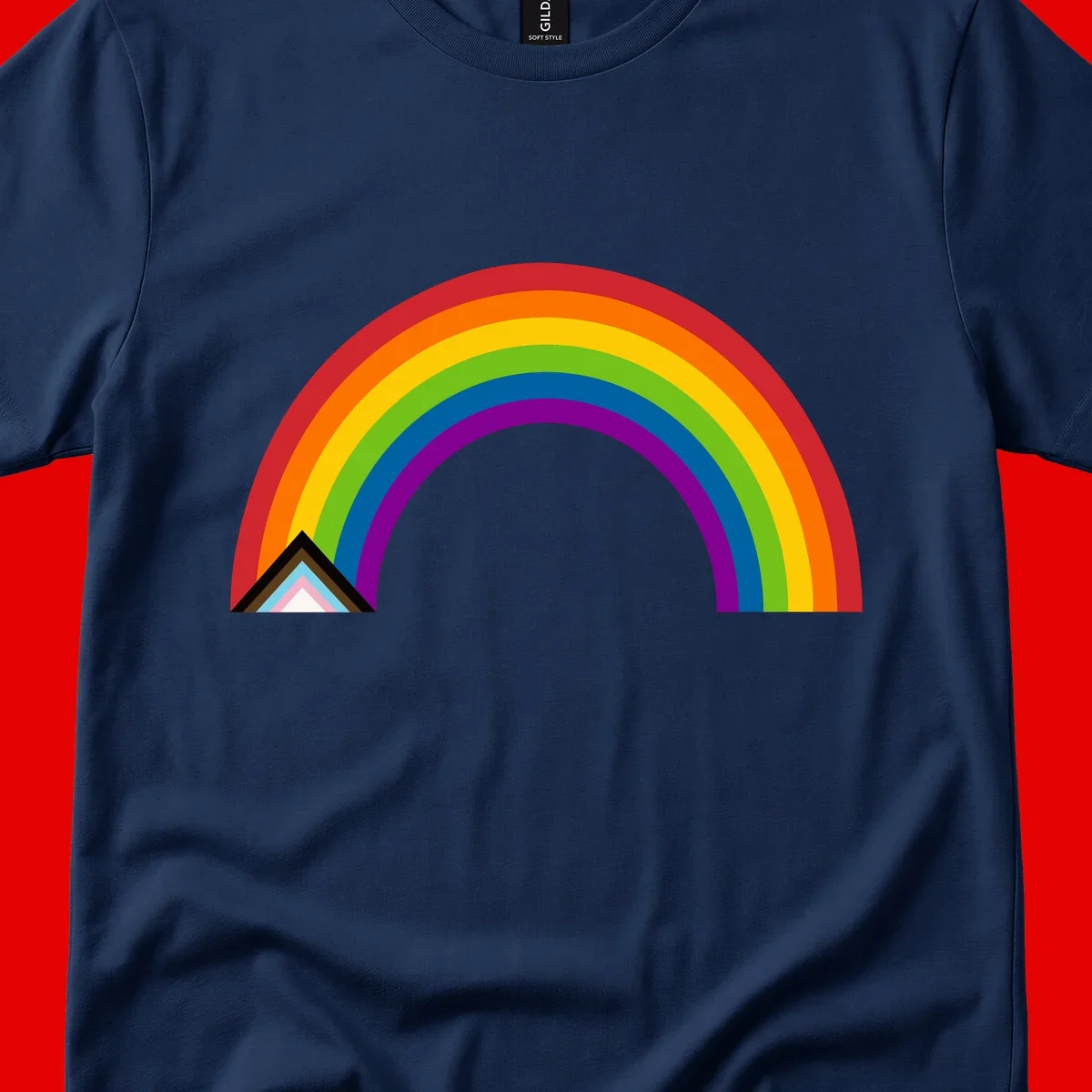 Vibrant rainbow arc with nested geometric mountain peak triangles in pride colors on gray background