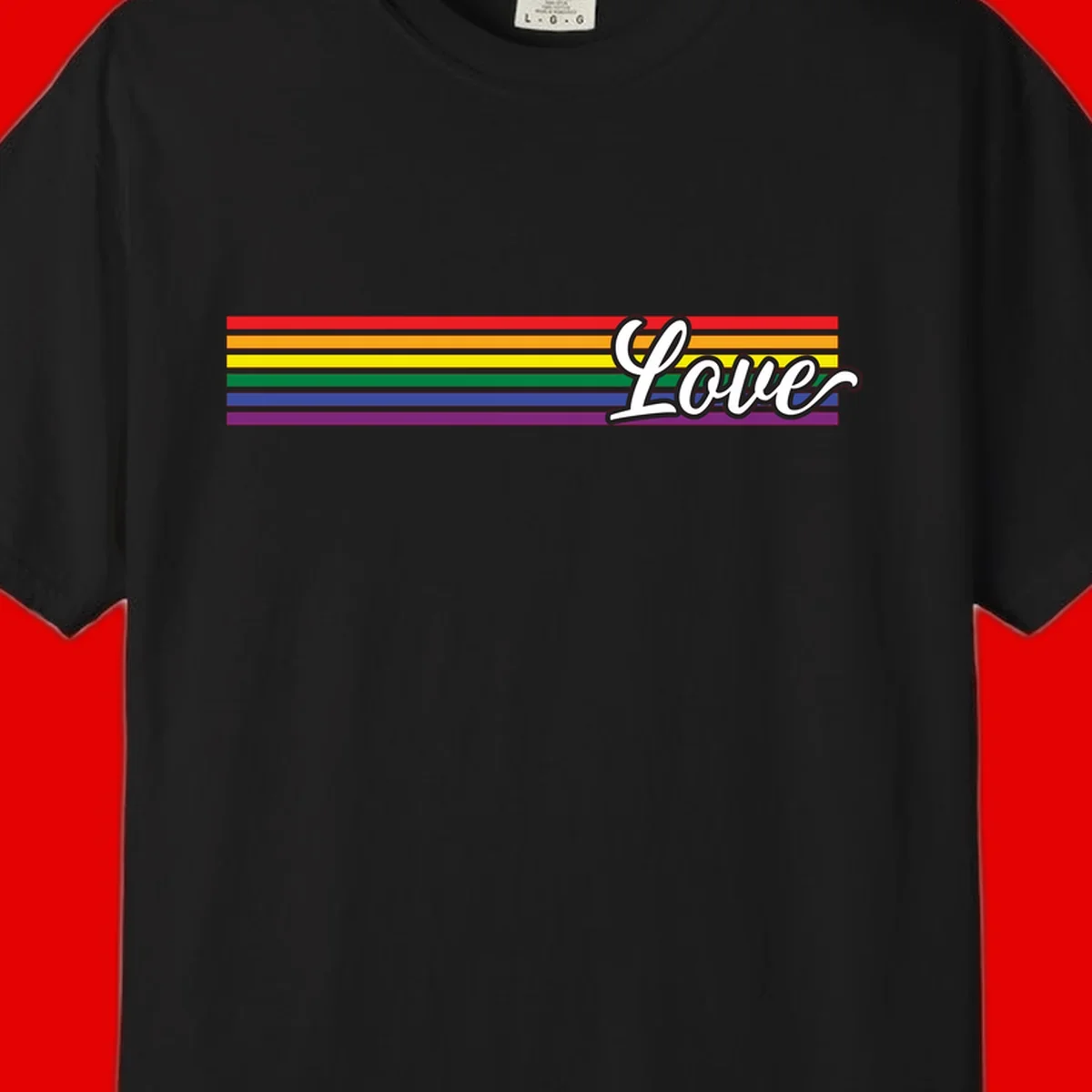 Love pride rainbow design with horizontal stripes in red, orange, yellow, green, blue, and purple with white outlined text