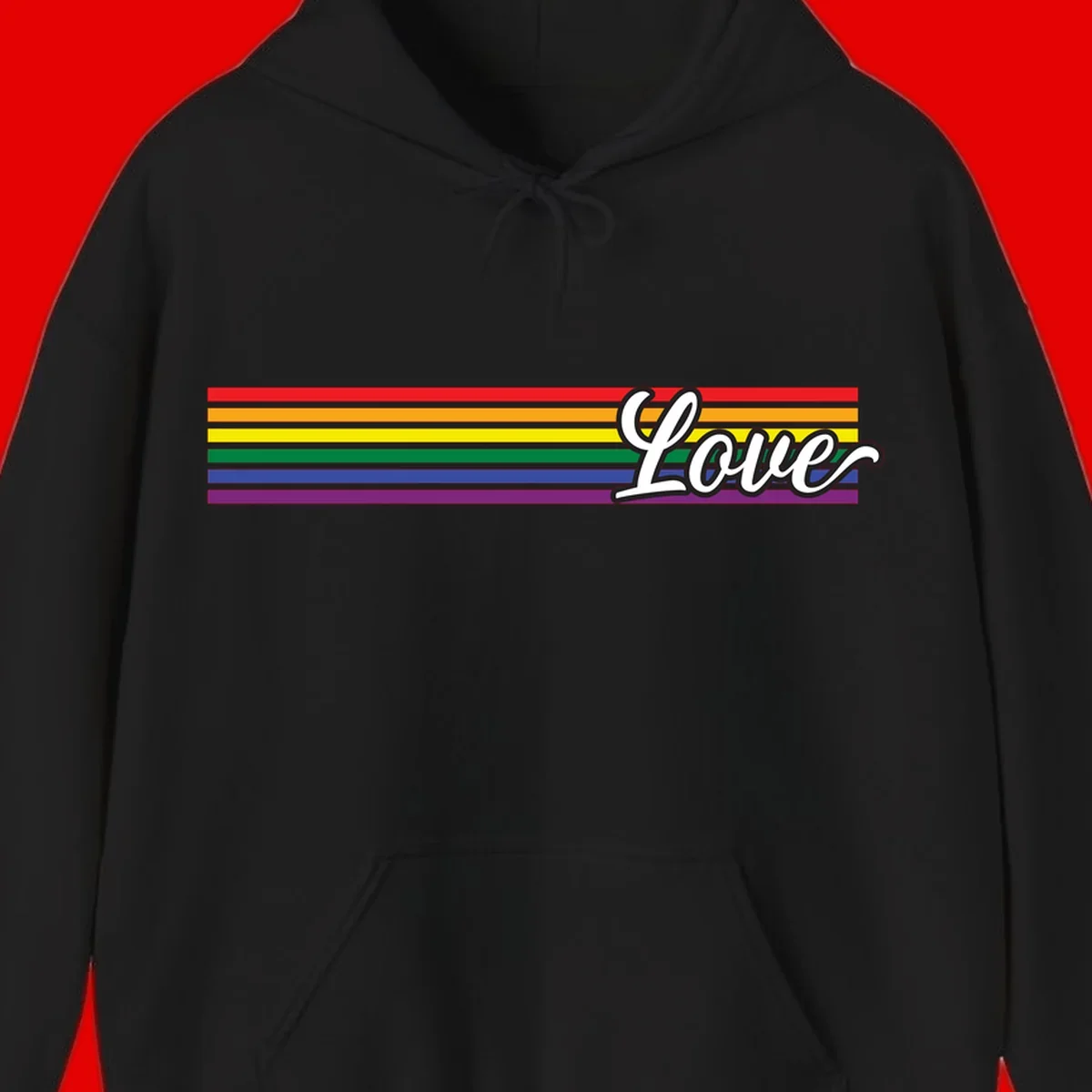 Love pride rainbow design with horizontal stripes in red, orange, yellow, green, blue, and purple with white outlined text