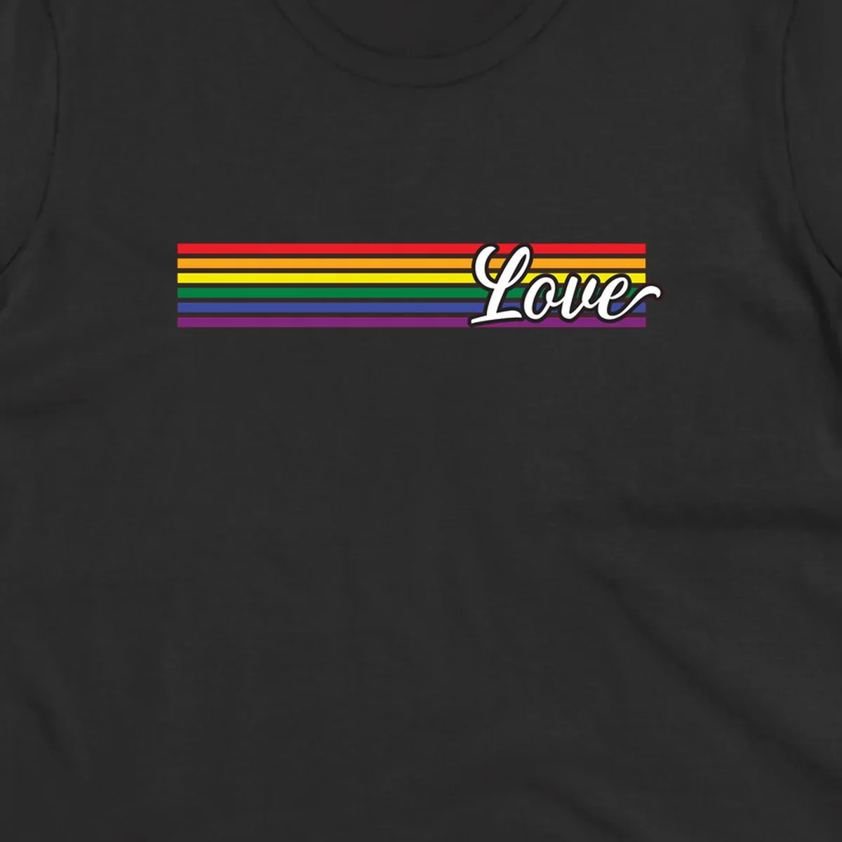 Love pride rainbow design with horizontal stripes in red, orange, yellow, green, blue, and purple with white outlined text