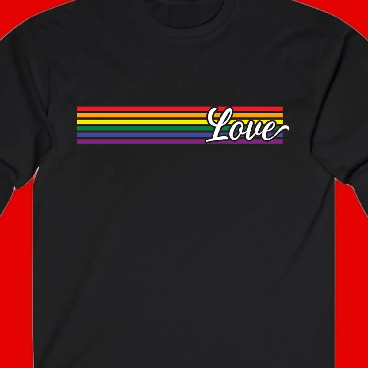 Love pride rainbow design with horizontal stripes in red, orange, yellow, green, blue, and purple with white outlined text