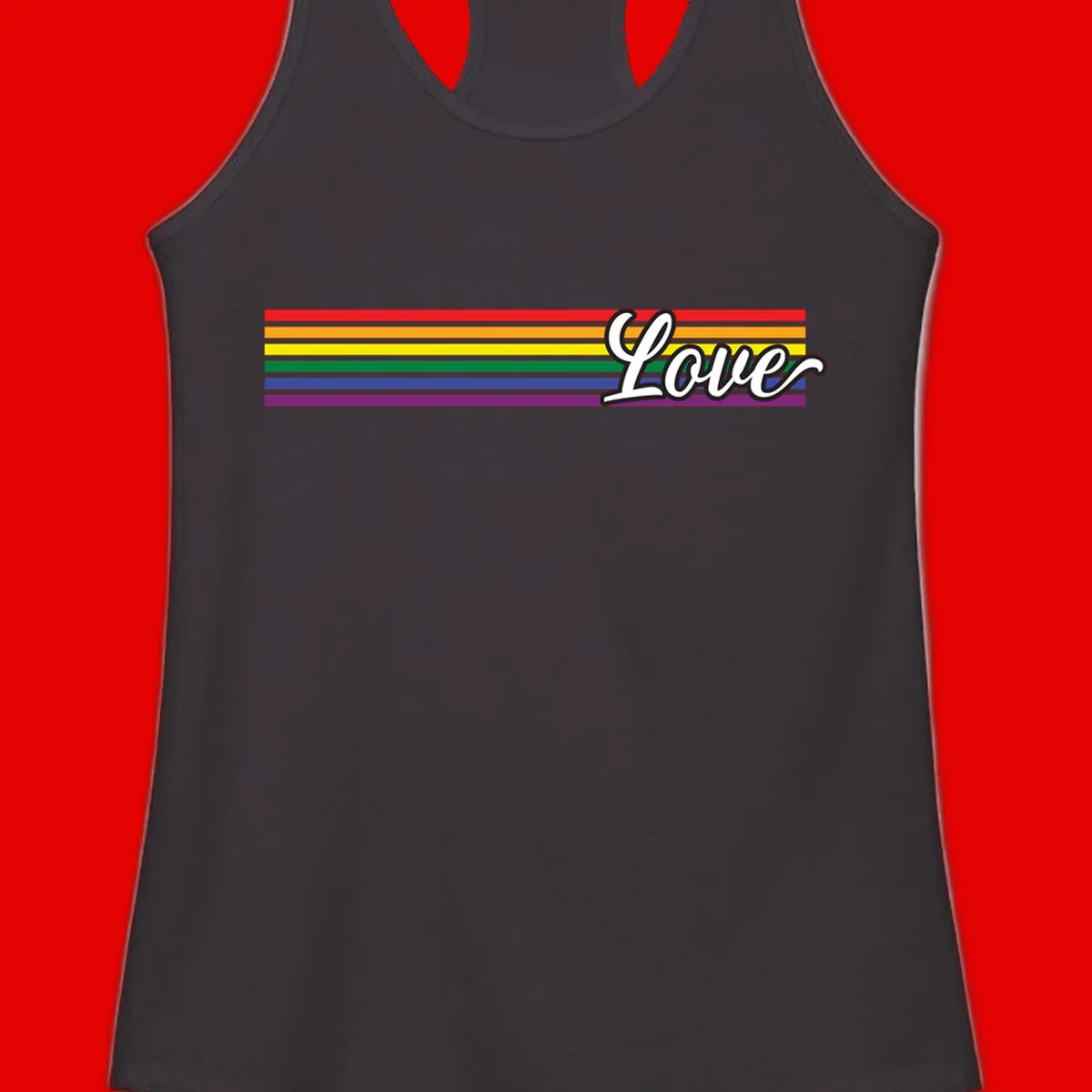 Love pride rainbow design with horizontal stripes in red, orange, yellow, green, blue, and purple with white outlined text