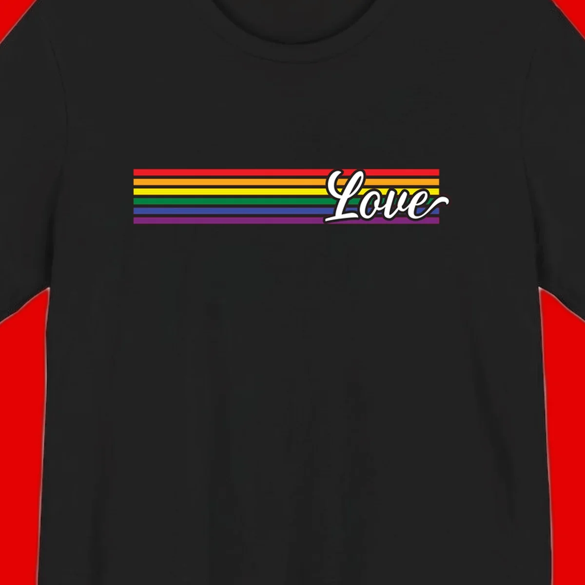 Love pride rainbow design with horizontal stripes in red, orange, yellow, green, blue, and purple with white outlined text