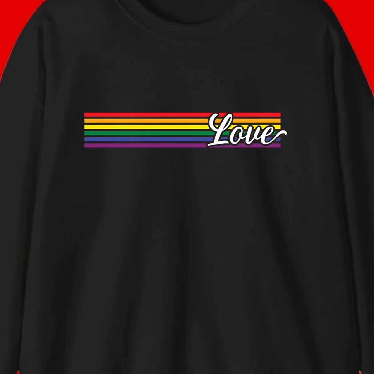 Love pride rainbow design with horizontal stripes in red, orange, yellow, green, blue, and purple with white outlined text