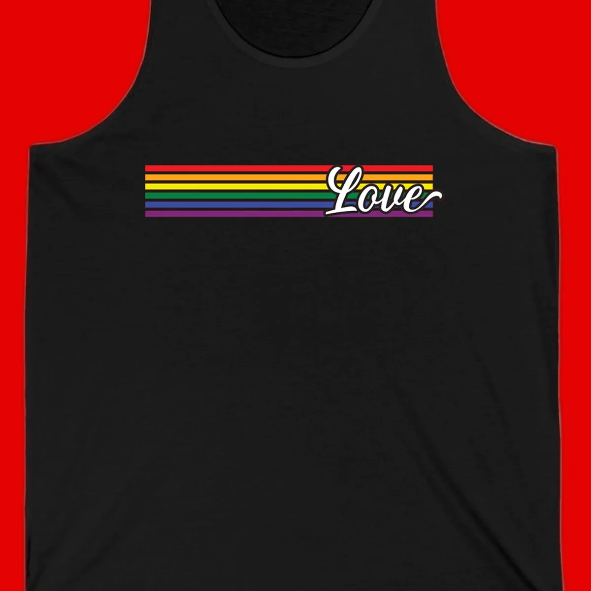 Love pride rainbow design with horizontal stripes in red, orange, yellow, green, blue, and purple with white outlined text