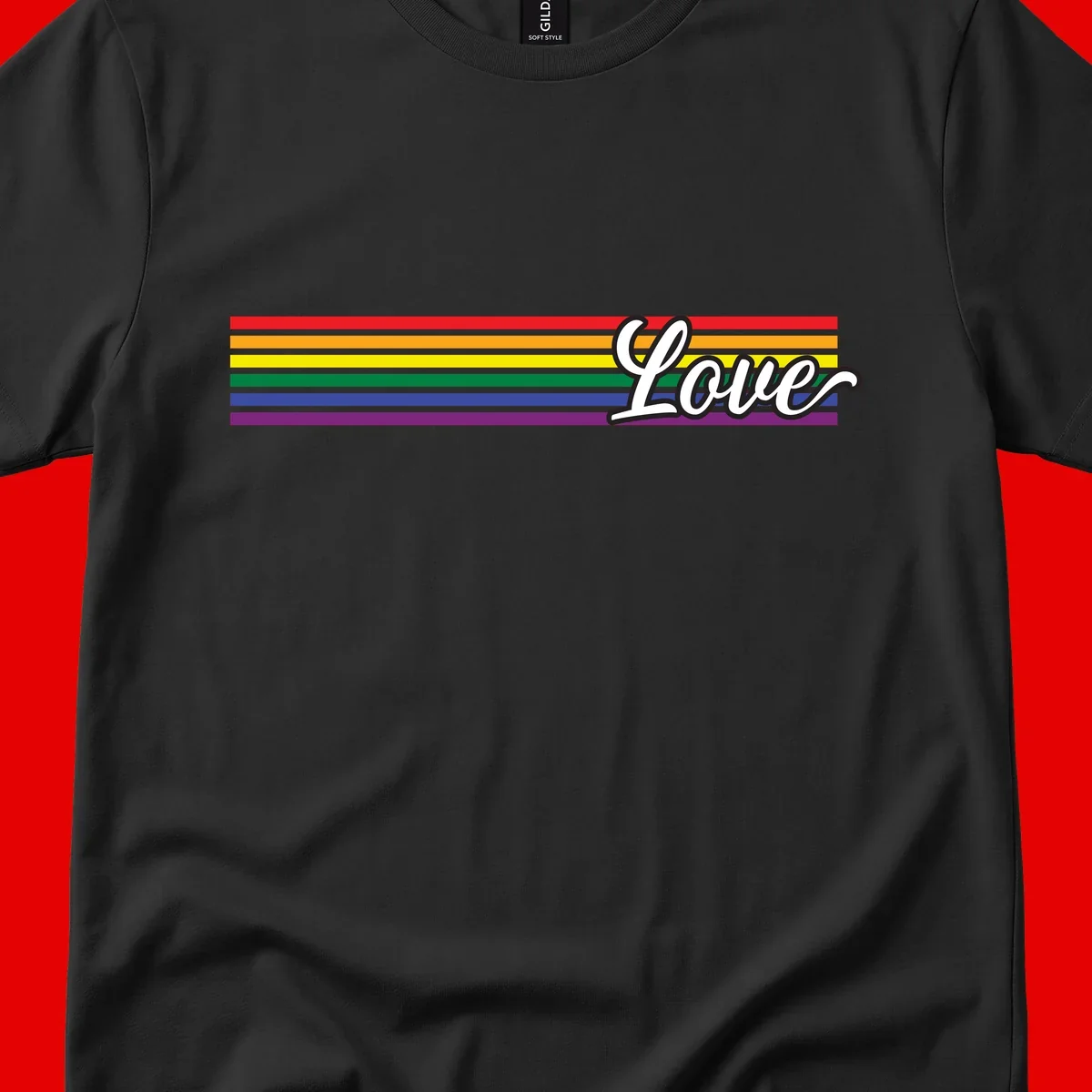 Love pride rainbow design with horizontal stripes in red, orange, yellow, green, blue, and purple with white outlined text