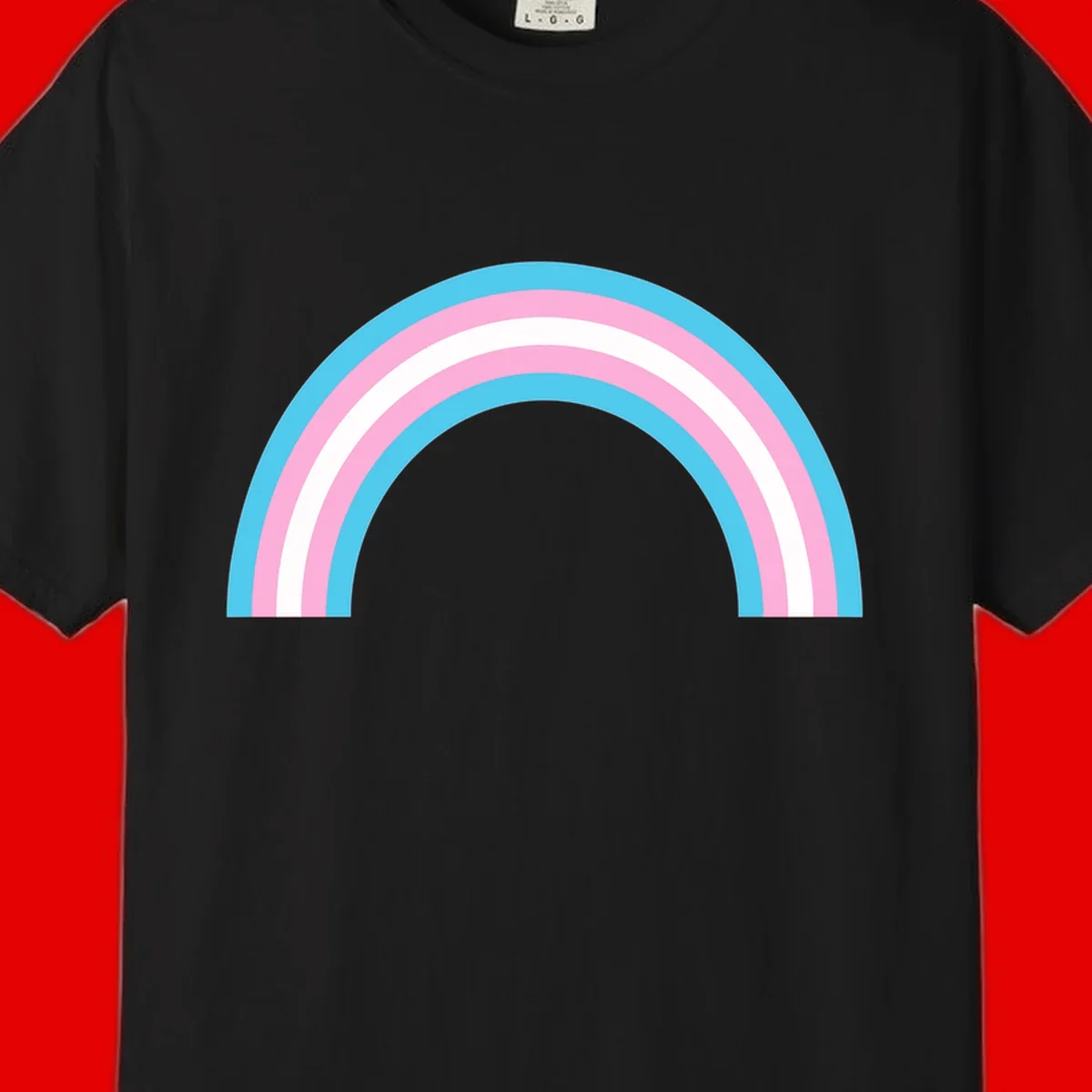 Pastel rainbow arch with five concentric bands in cyan, pink, and white on gray background