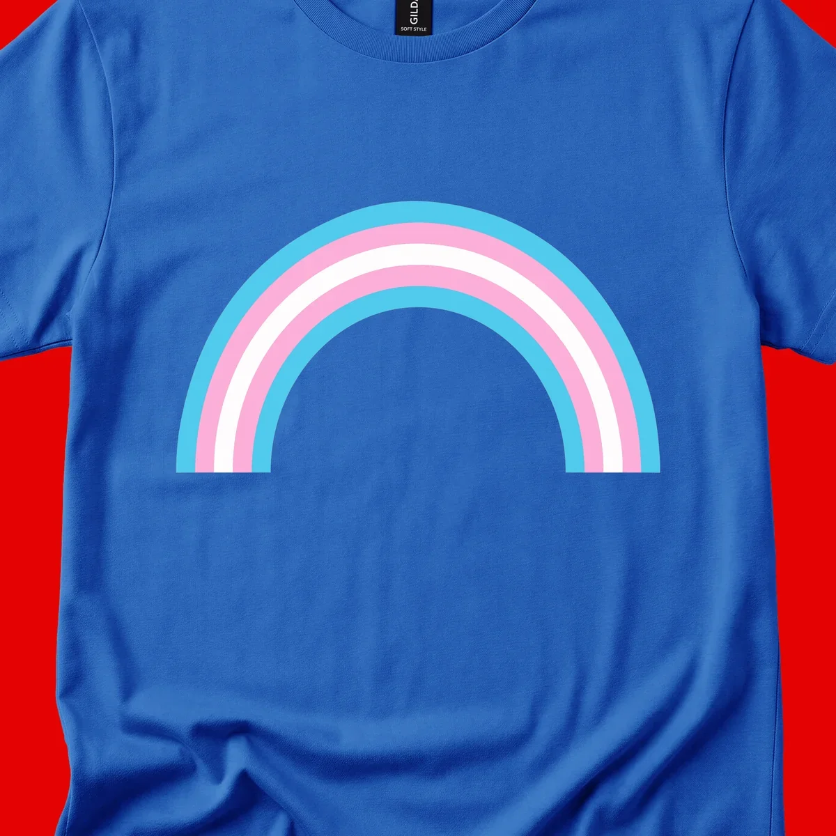 Pastel rainbow arch with five concentric bands in cyan, pink, and white on gray background