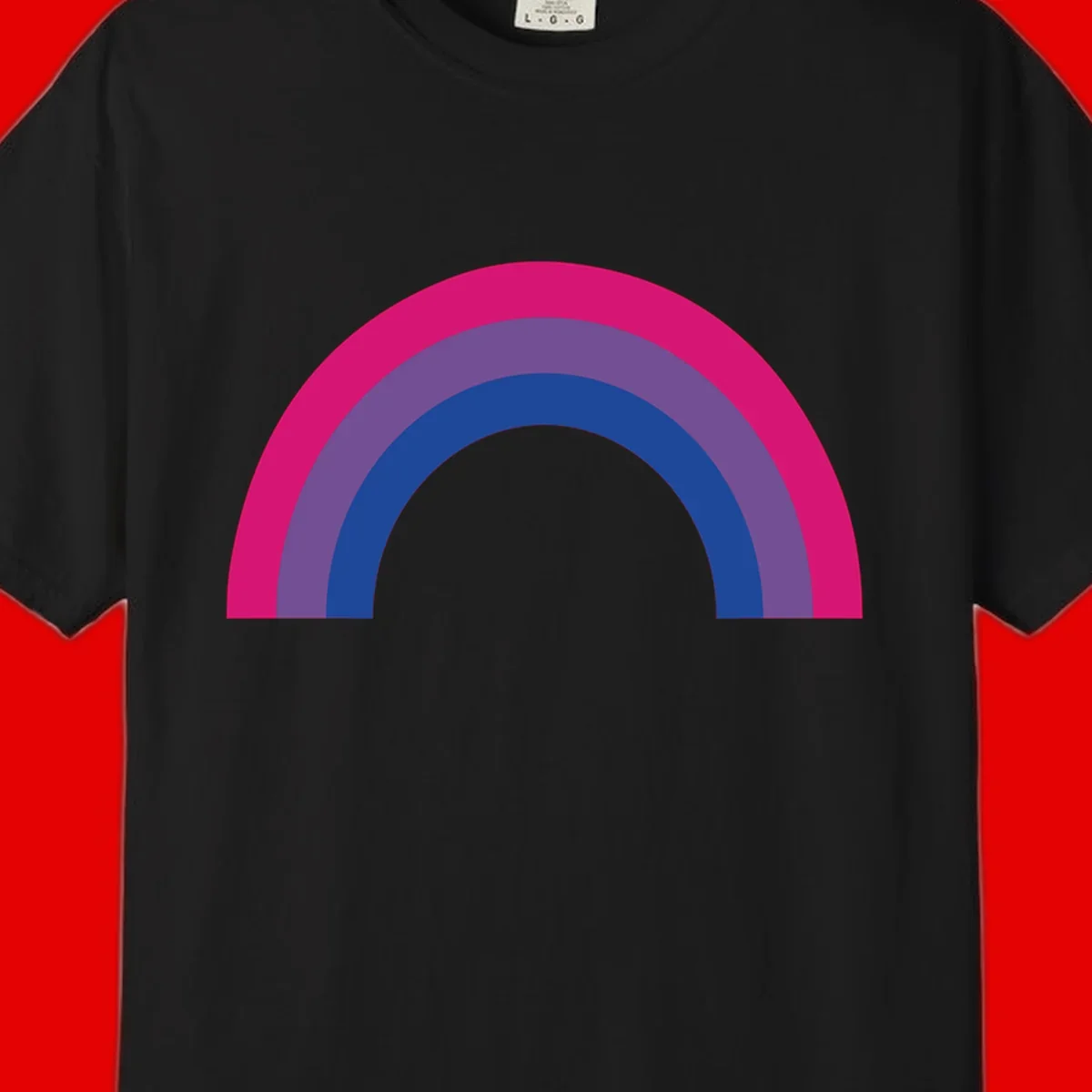 Concentric rainbow arcs design featuring nested magenta, purple, blue and gray semicircles in a modern geometric pattern