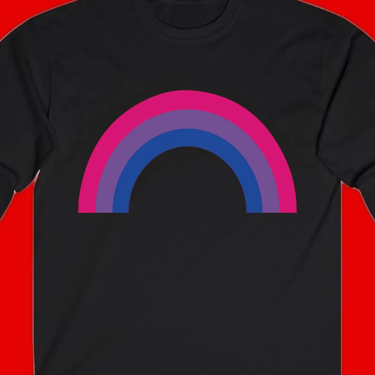 Concentric rainbow arcs design featuring nested magenta, purple, blue and gray semicircles in a modern geometric pattern