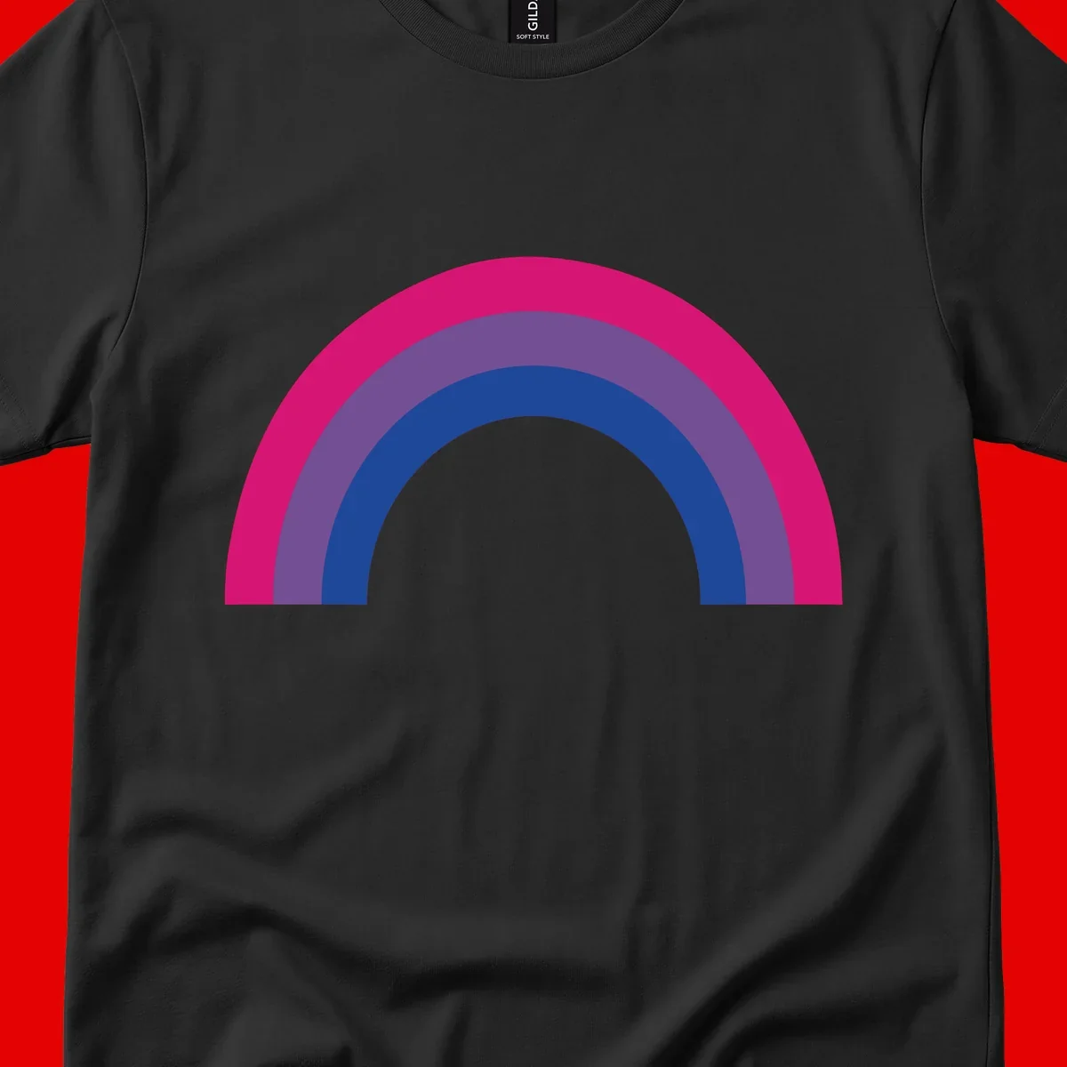 Concentric rainbow arcs design featuring nested magenta, purple, blue and gray semicircles in a modern geometric pattern