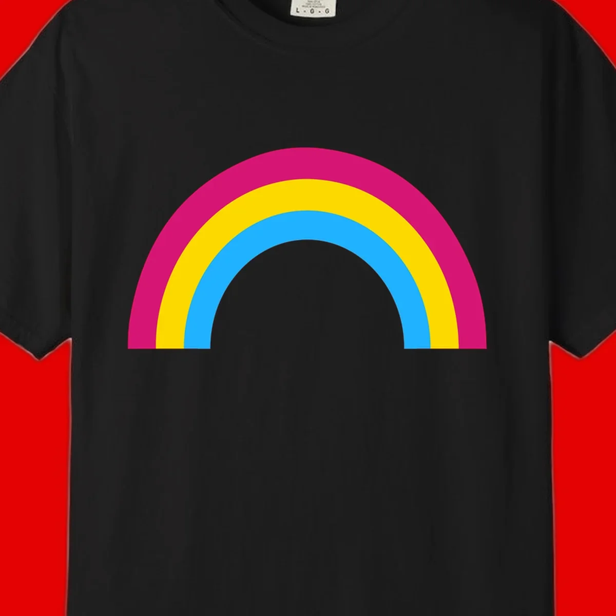 Rainbow concentric circles design with magenta, yellow, and cyan blue nested rings on gray background