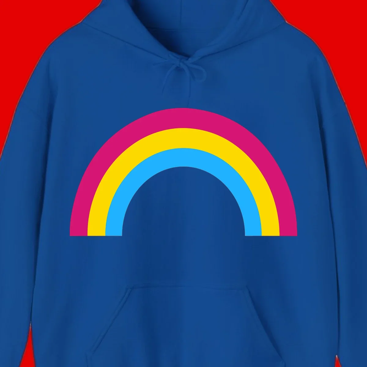 Rainbow concentric circles design with magenta, yellow, and cyan blue nested rings on gray background