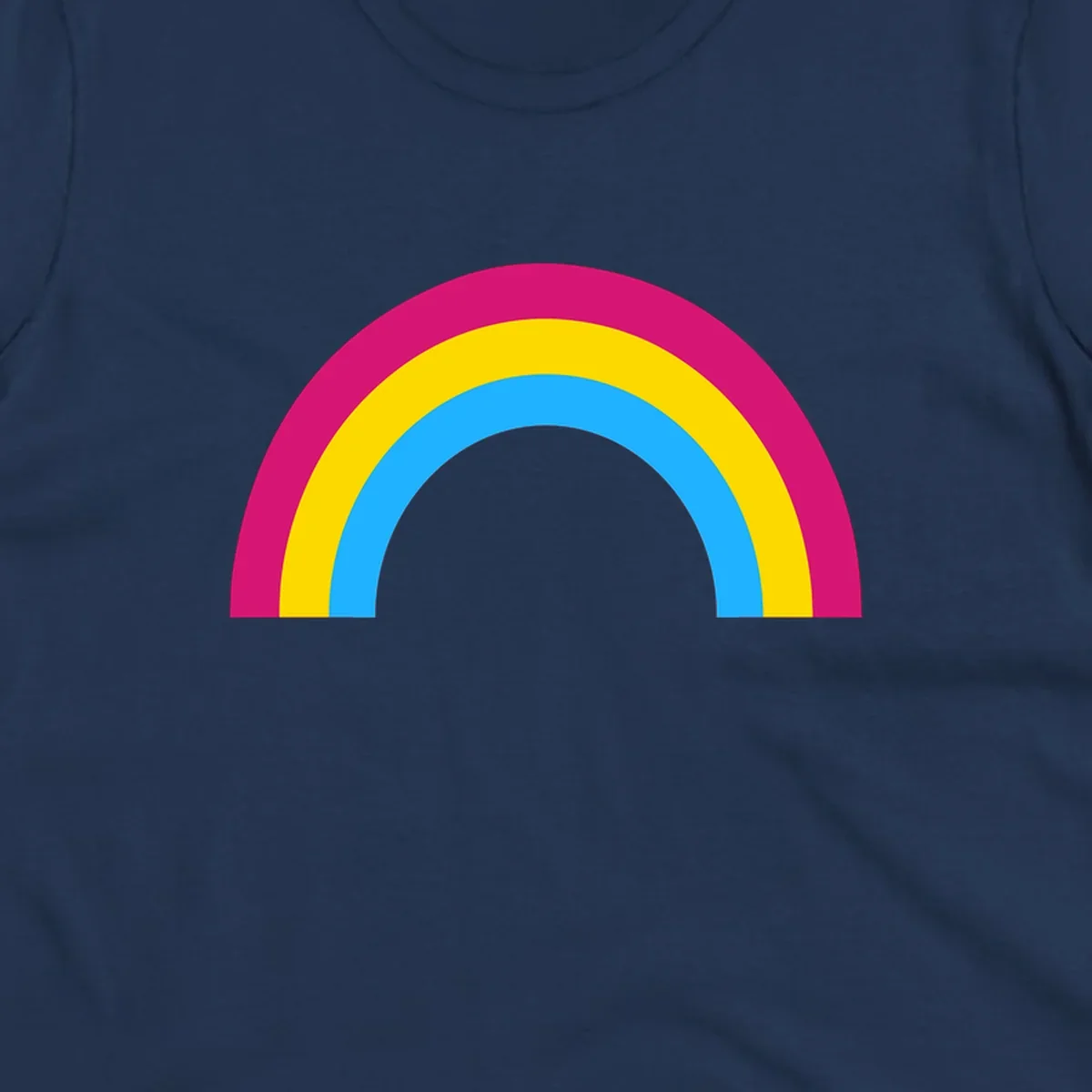 Rainbow concentric circles design with magenta, yellow, and cyan blue nested rings on gray background