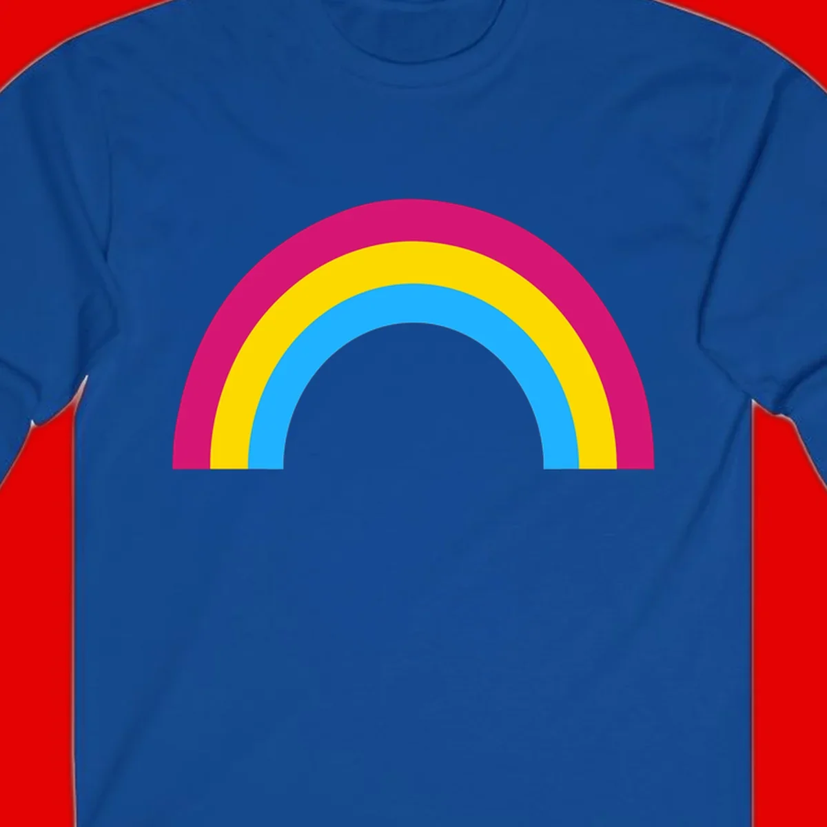Rainbow concentric circles design with magenta, yellow, and cyan blue nested rings on gray background