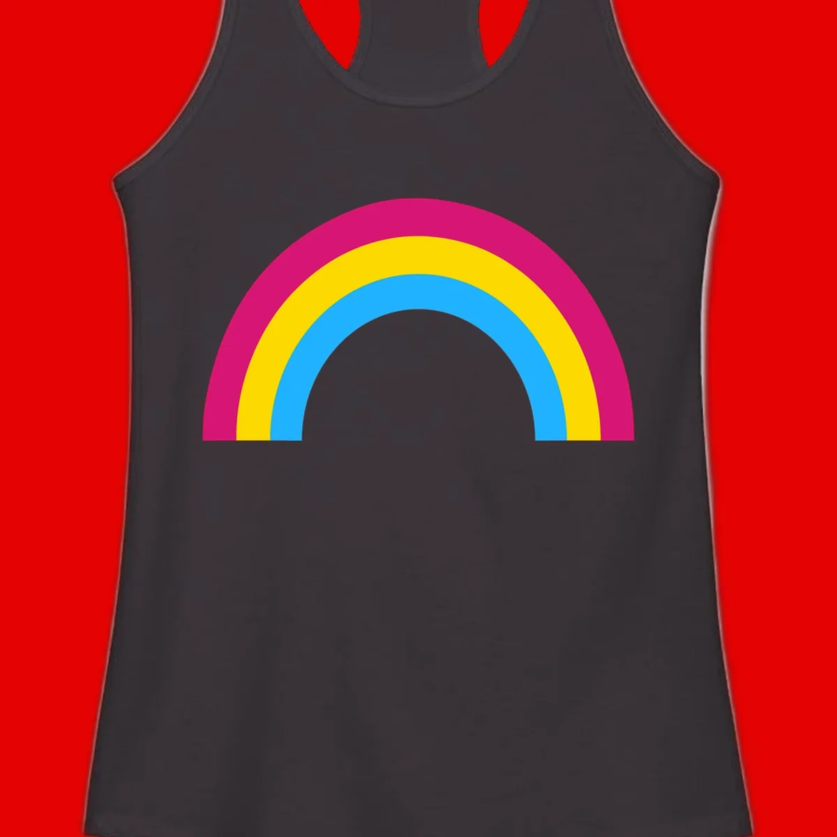 Rainbow concentric circles design with magenta, yellow, and cyan blue nested rings on gray background