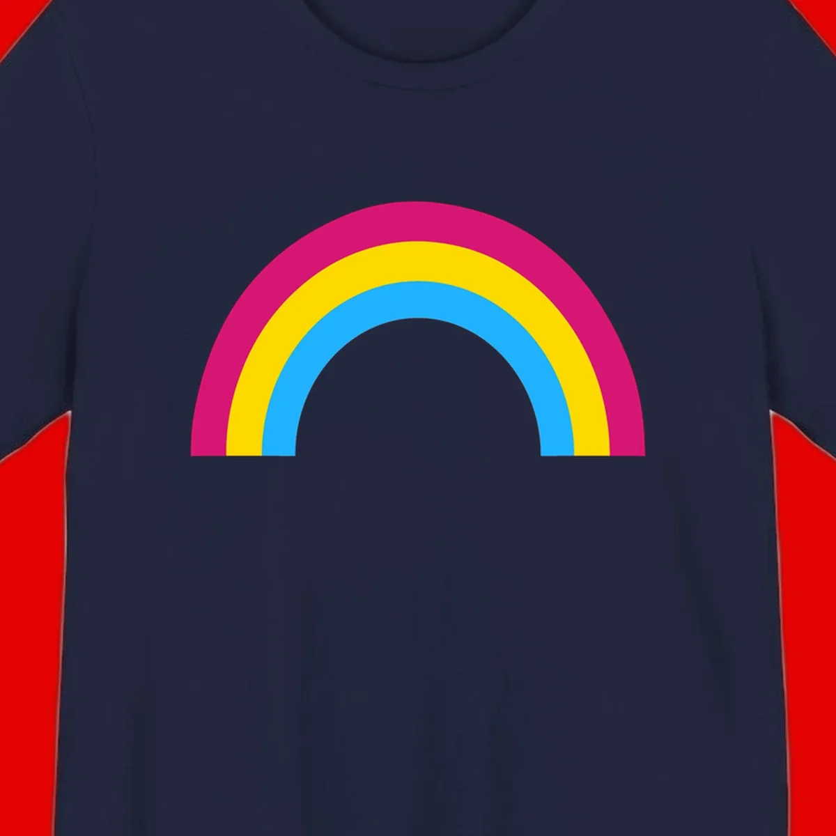 Rainbow concentric circles design with magenta, yellow, and cyan blue nested rings on gray background