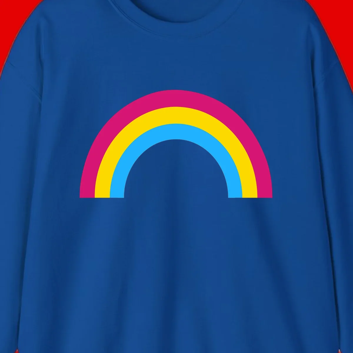 Rainbow concentric circles design with magenta, yellow, and cyan blue nested rings on gray background