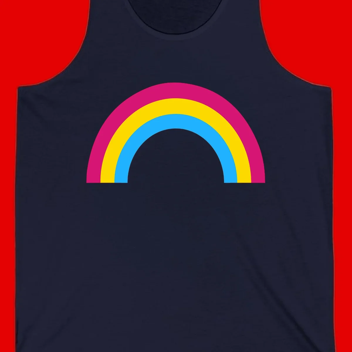 Rainbow concentric circles design with magenta, yellow, and cyan blue nested rings on gray background