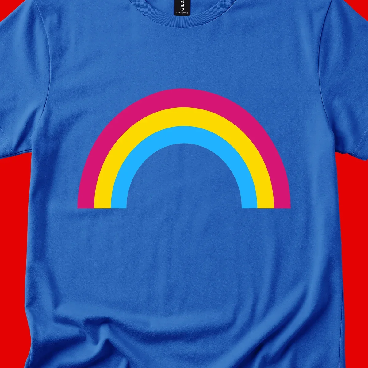 Rainbow concentric circles design with magenta, yellow, and cyan blue nested rings on gray background
