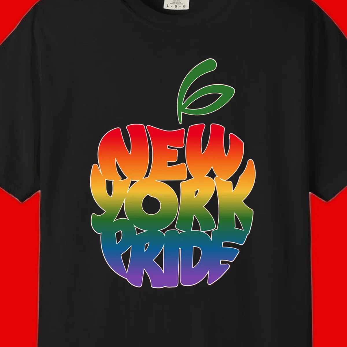 New York Pride apple design with rainbow gradient colors from red to purple and green leaves on top