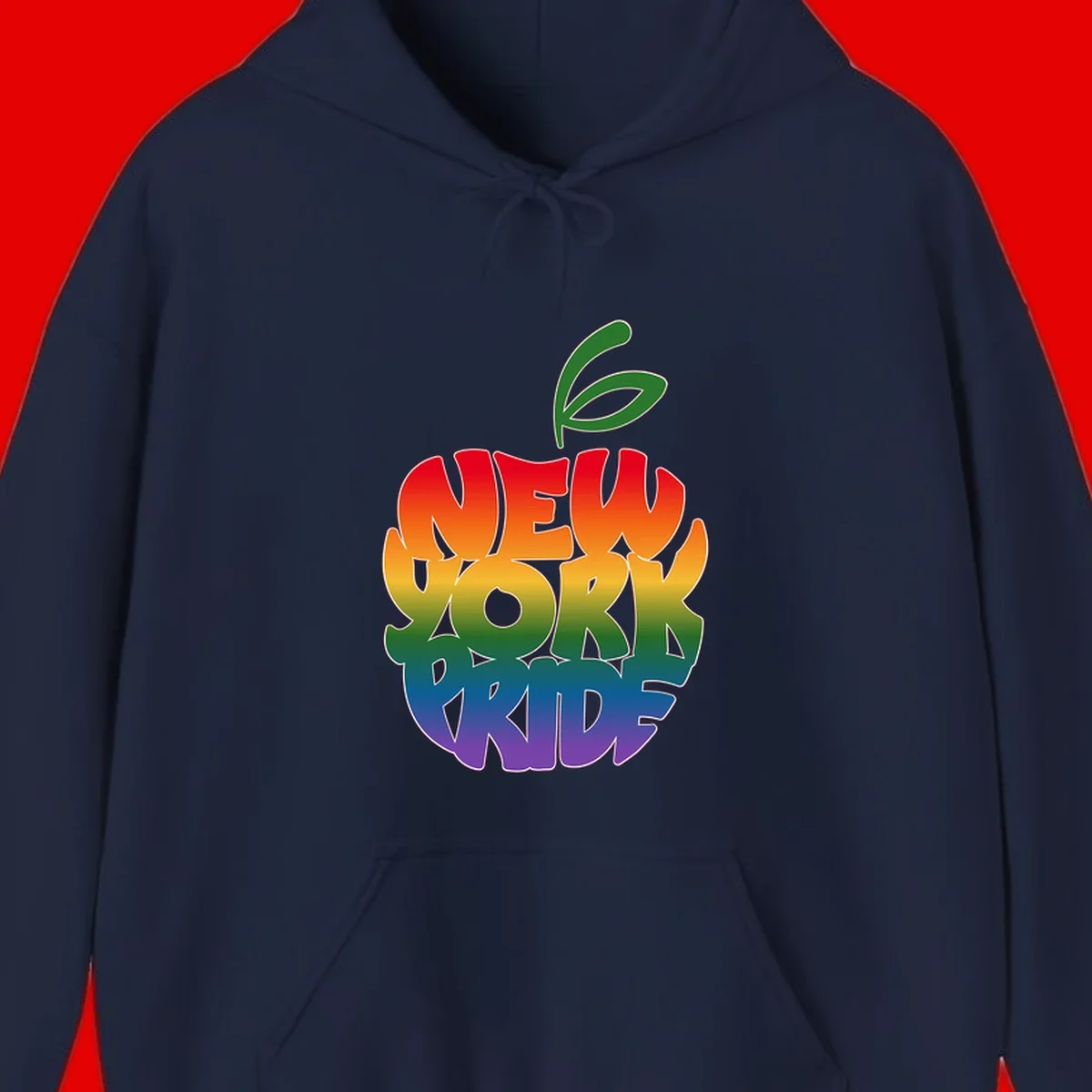 New York Pride apple design with rainbow gradient colors from red to purple and green leaves on top