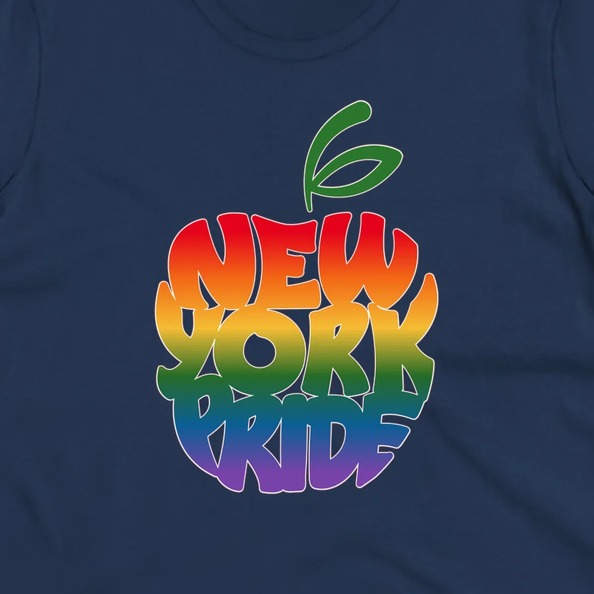 New York Pride apple design with rainbow gradient colors from red to purple and green leaves on top