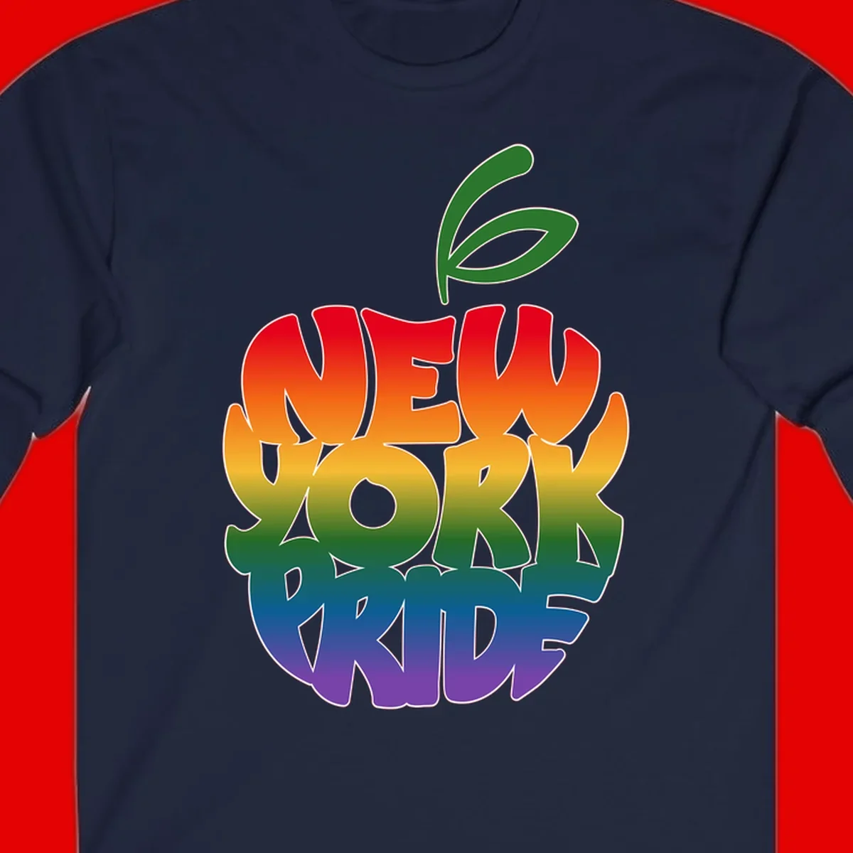 New York Pride apple design with rainbow gradient colors from red to purple and green leaves on top