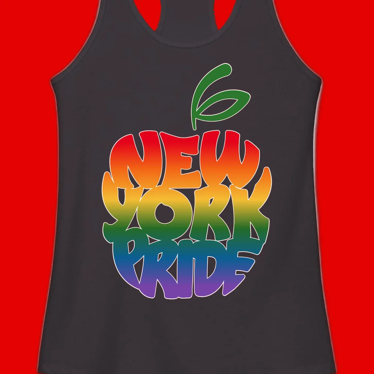 New York Pride apple design with rainbow gradient colors from red to purple and green leaves on top