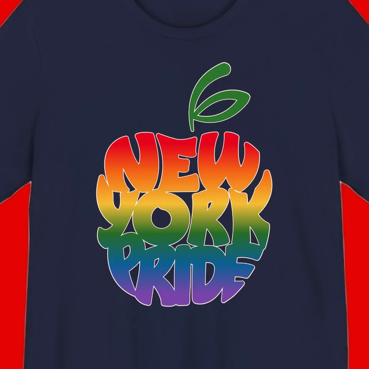 New York Pride apple design with rainbow gradient colors from red to purple and green leaves on top