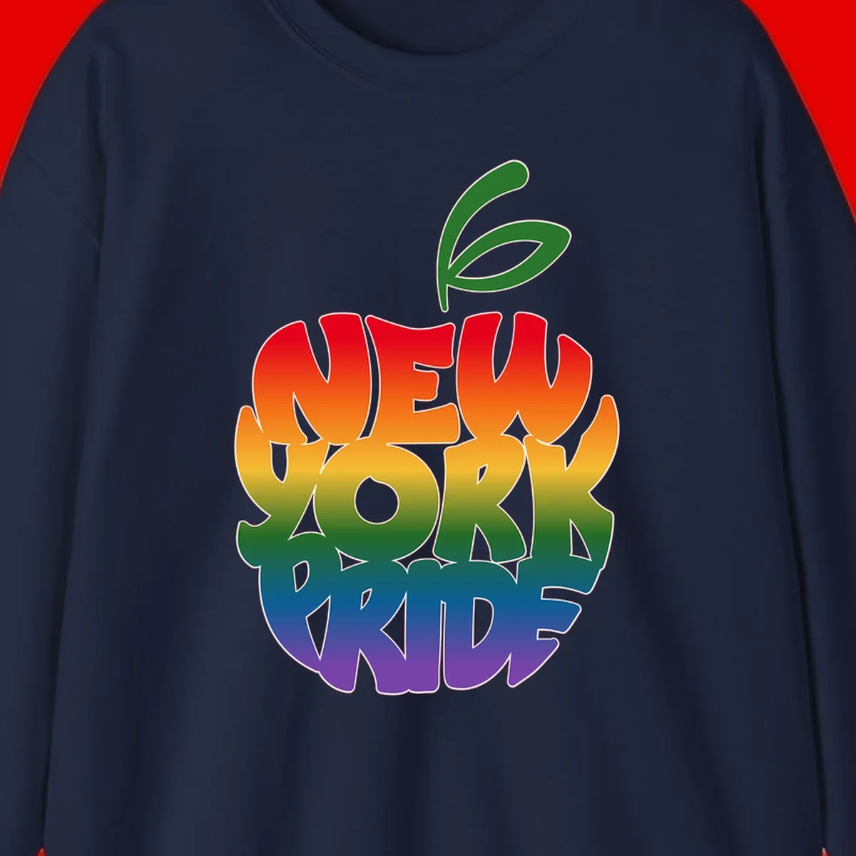 New York Pride apple design with rainbow gradient colors from red to purple and green leaves on top