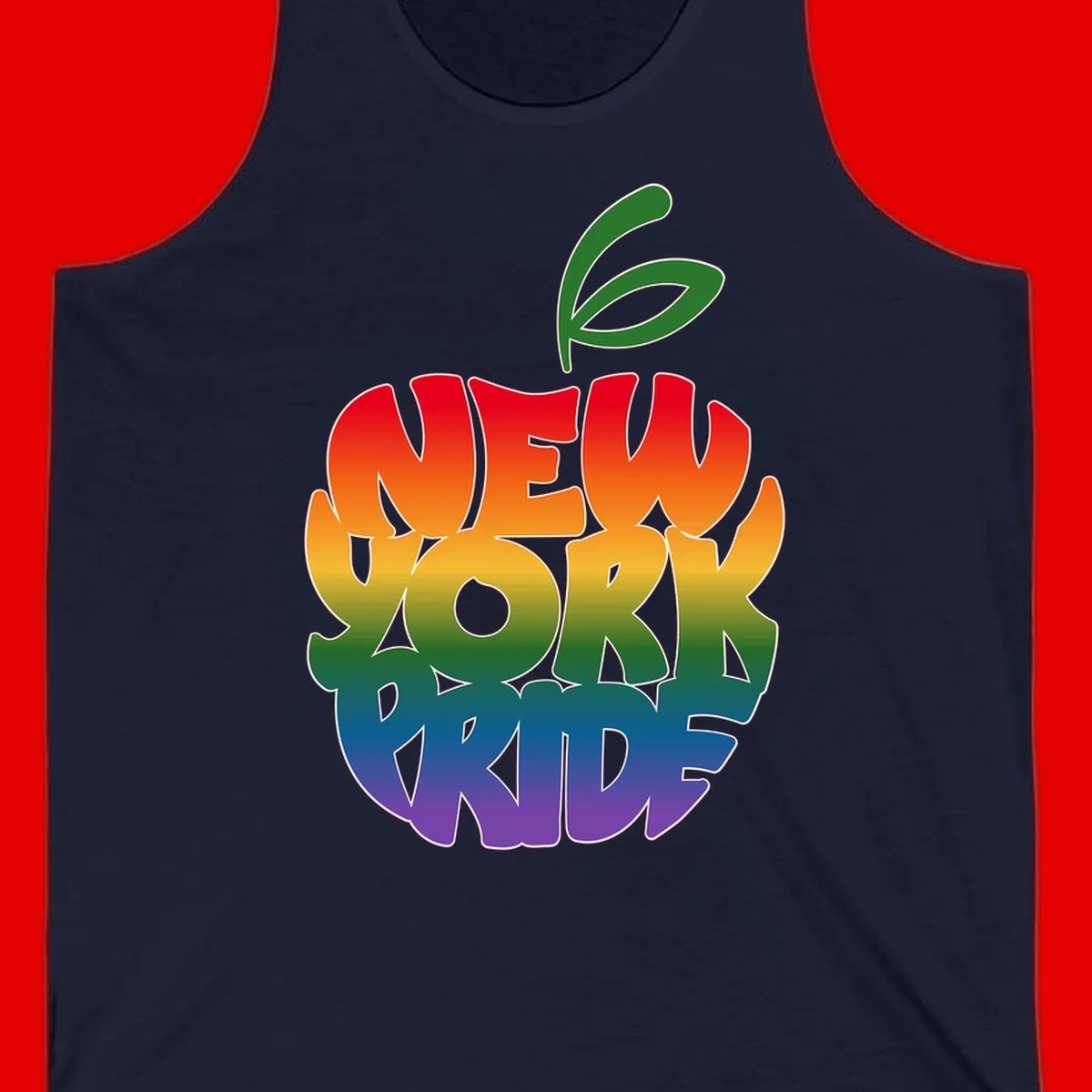 New York Pride apple design with rainbow gradient colors from red to purple and green leaves on top