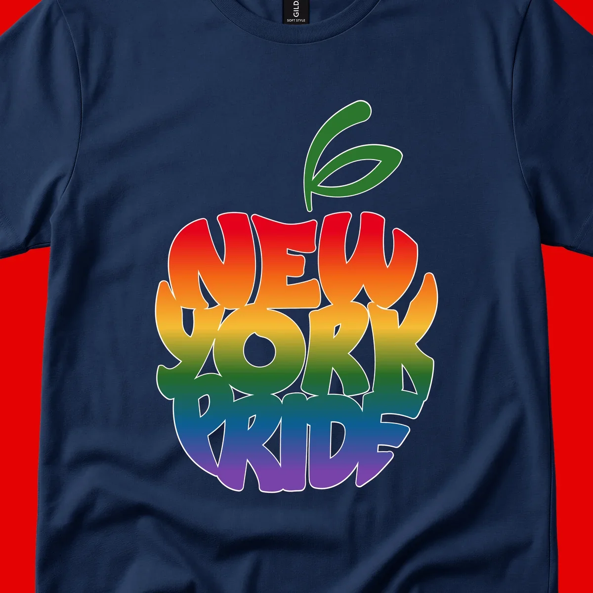 New York Pride apple design with rainbow gradient colors from red to purple and green leaves on top