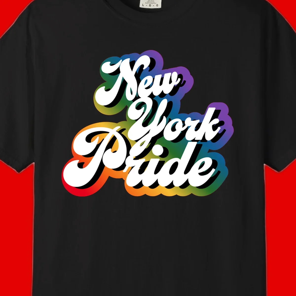 New York Pride retro design with bold white text and rainbow gradient background in pride colors