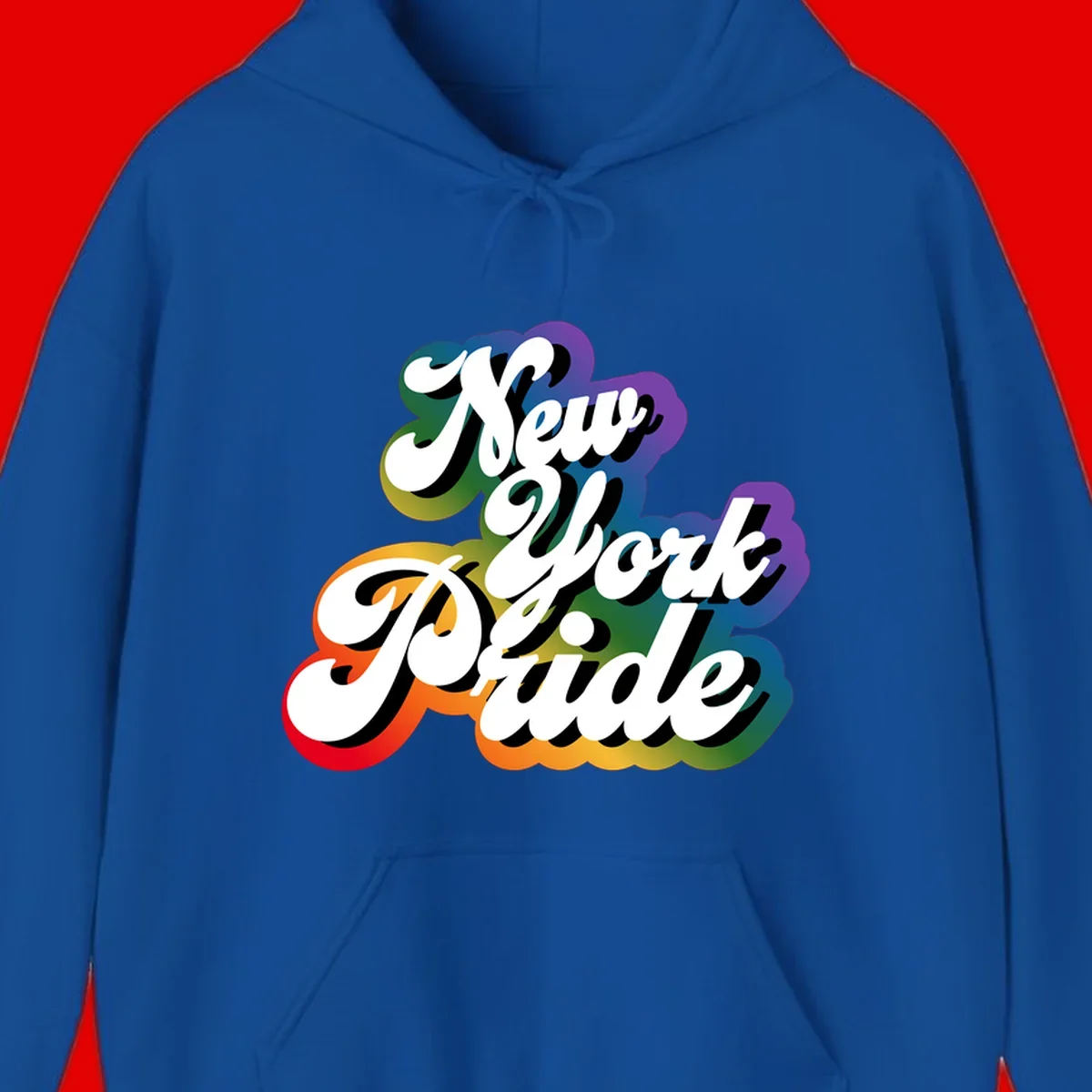 New York Pride retro design with bold white text and rainbow gradient background in pride colors
