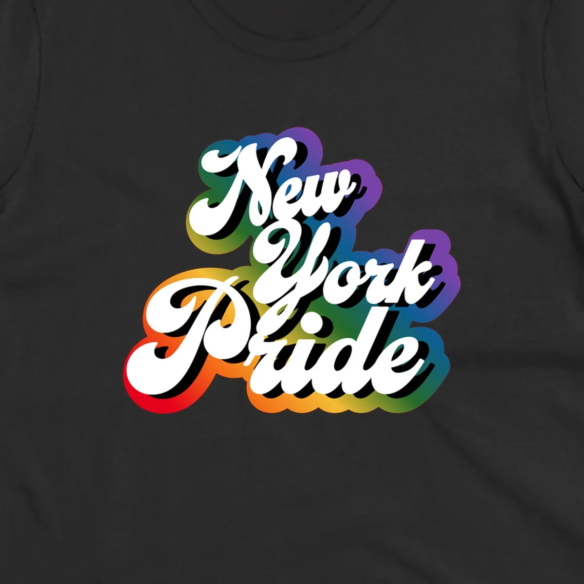 New York Pride retro design with bold white text and rainbow gradient background in pride colors