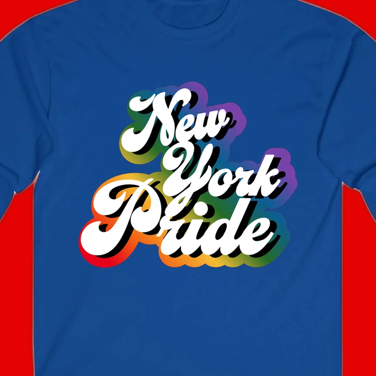 New York Pride retro design with bold white text and rainbow gradient background in pride colors