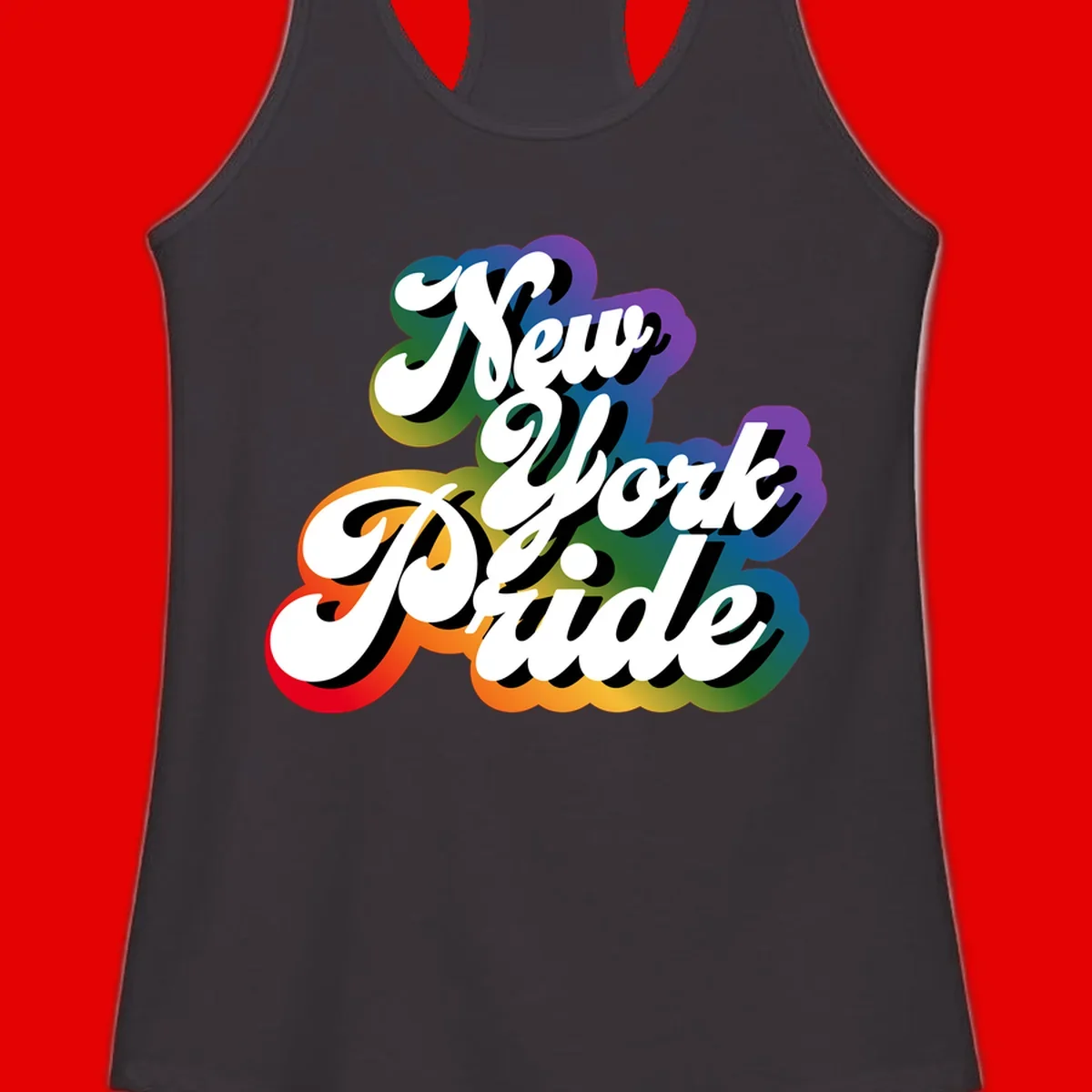 New York Pride retro design with bold white text and rainbow gradient background in pride colors