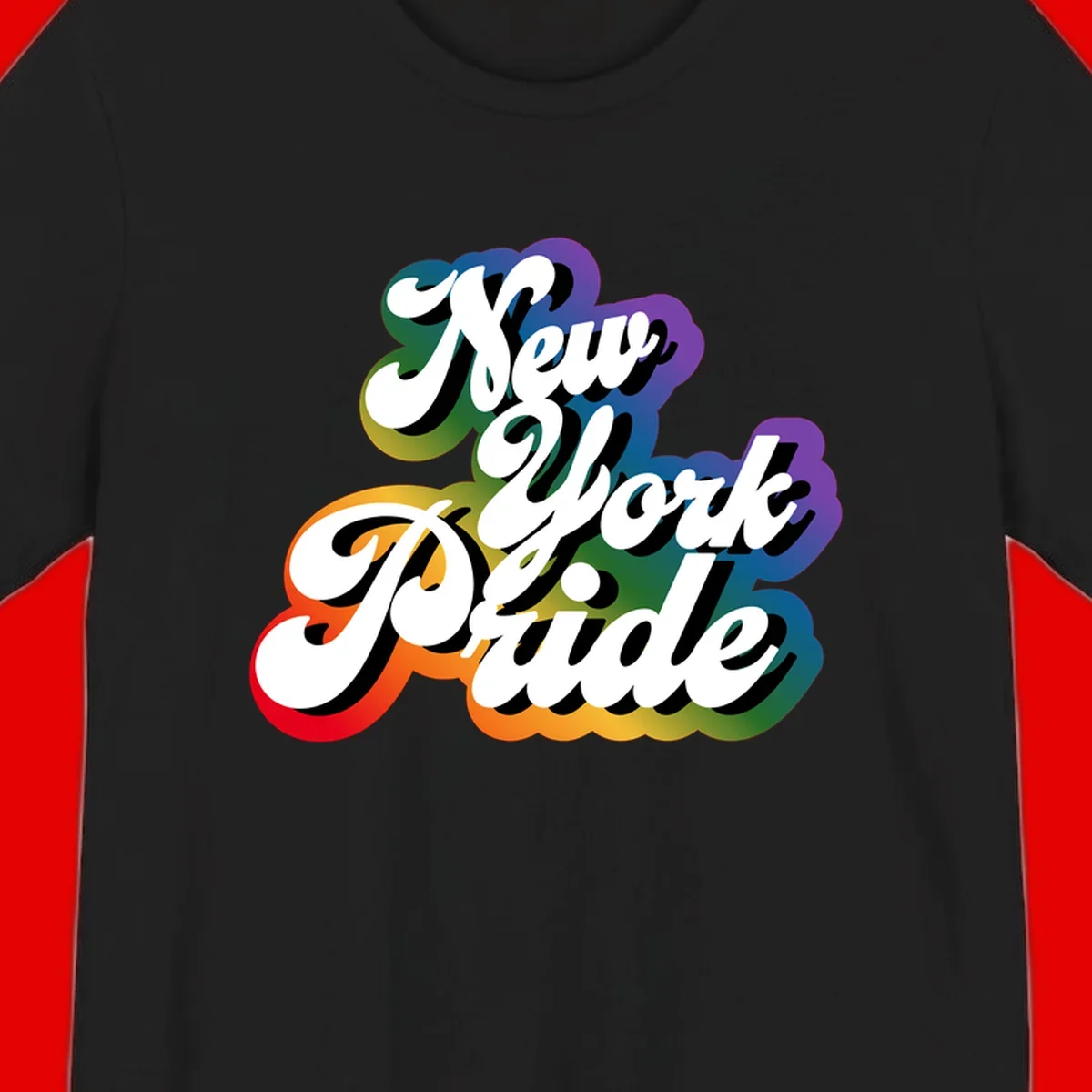 New York Pride retro design with bold white text and rainbow gradient background in pride colors