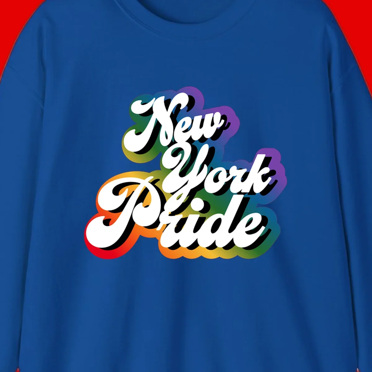 New York Pride retro design with bold white text and rainbow gradient background in pride colors
