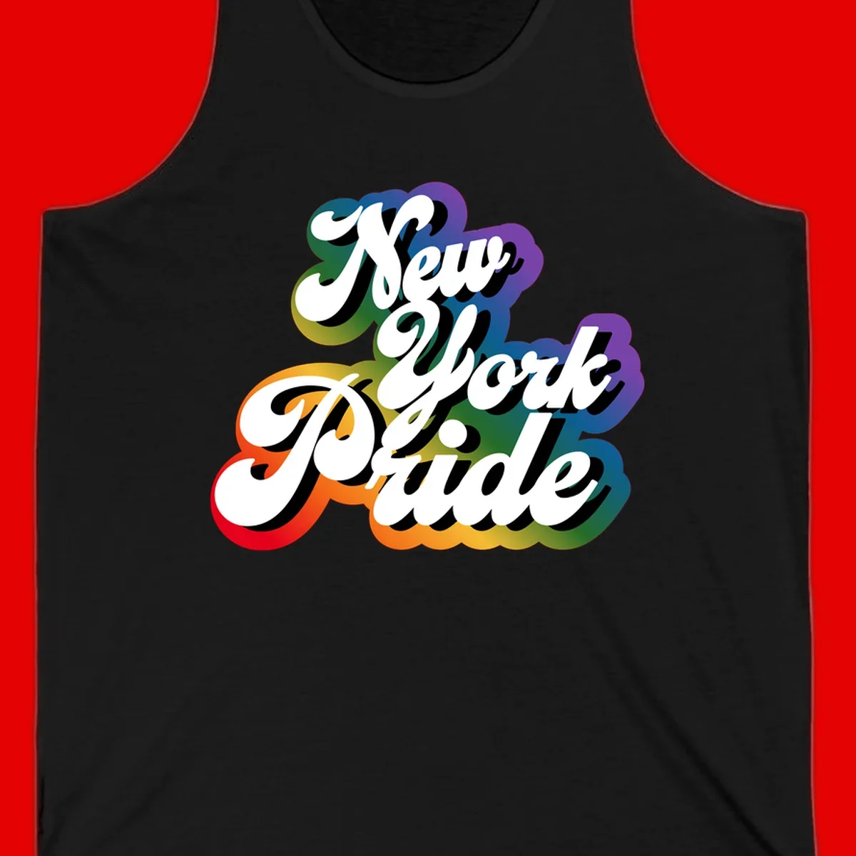 New York Pride retro design with bold white text and rainbow gradient background in pride colors