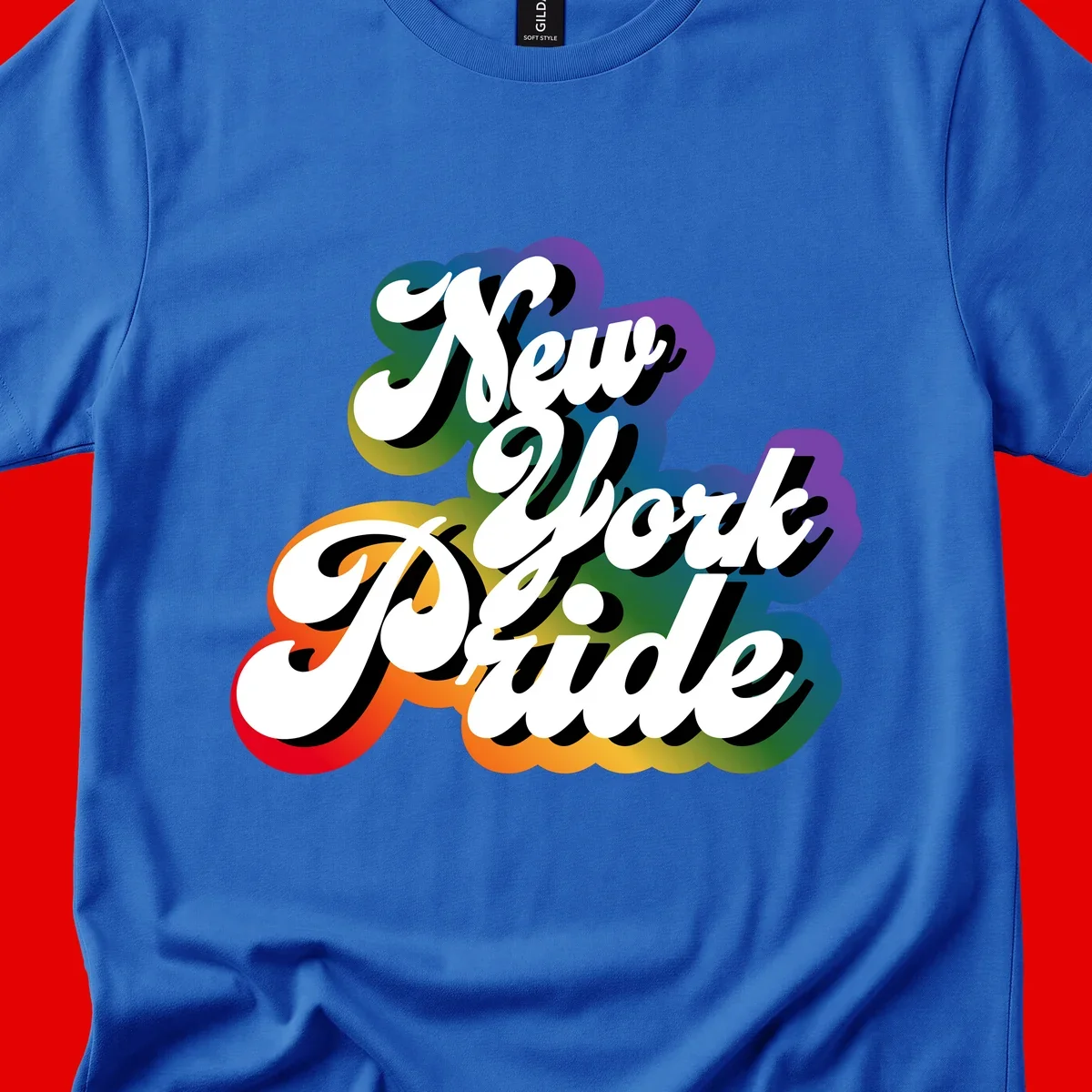 New York Pride retro design with bold white text and rainbow gradient background in pride colors