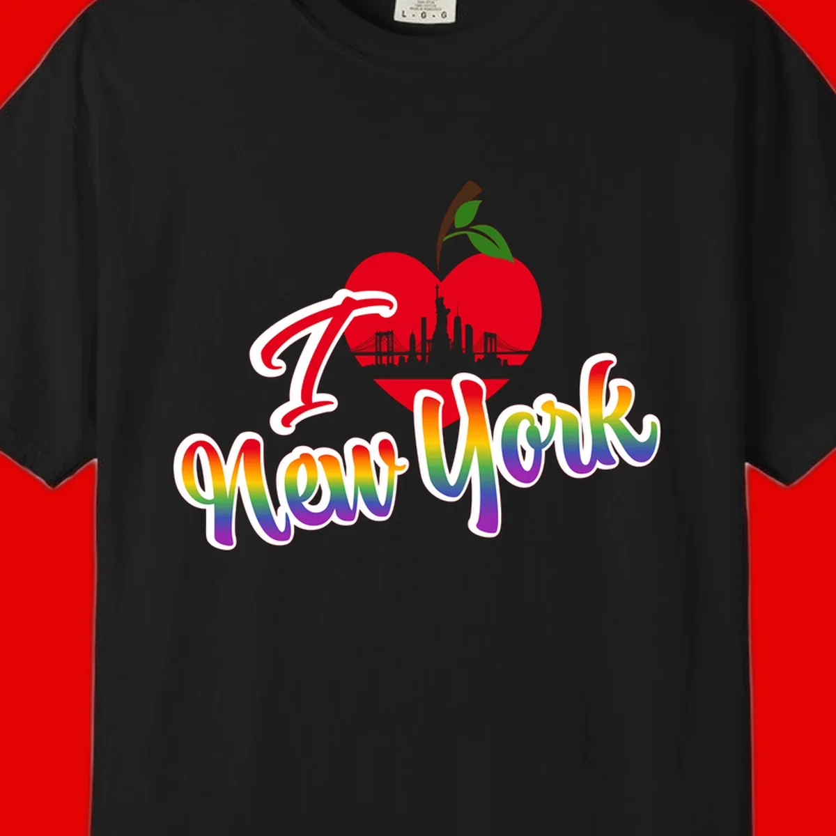 I Love New York Pride design featuring red apple with NYC skyline and rainbow gradient text celebrating LGBTQ+ pride