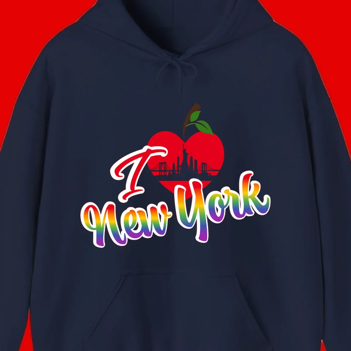 I Love New York Pride design featuring red apple with NYC skyline and rainbow gradient text celebrating LGBTQ+ pride