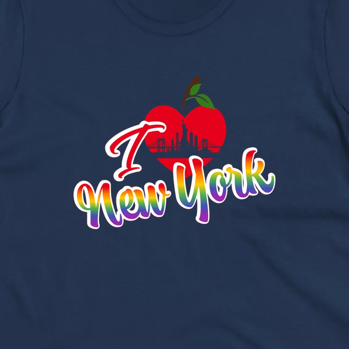 I Love New York Pride design featuring red apple with NYC skyline and rainbow gradient text celebrating LGBTQ+ pride