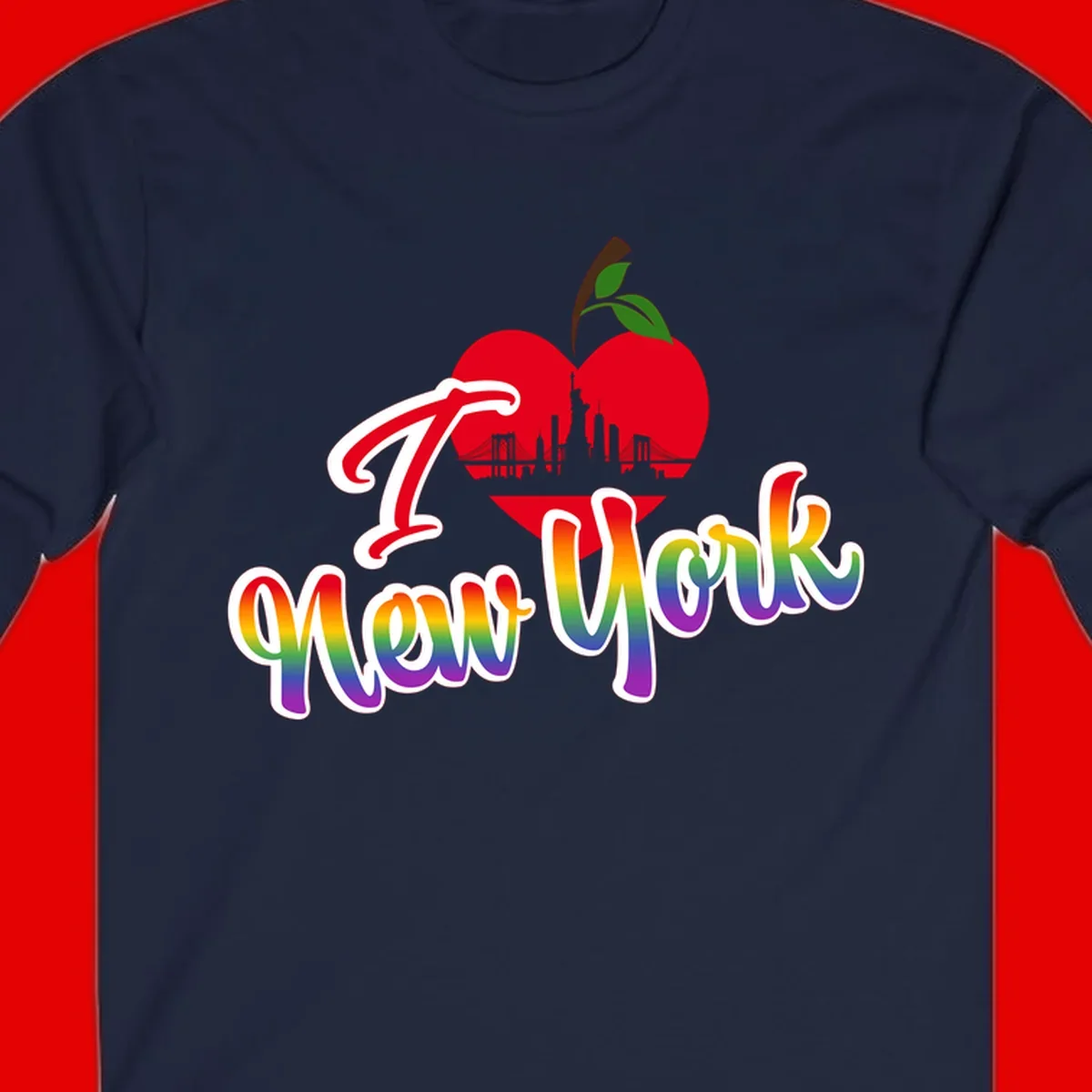 I Love New York Pride design featuring red apple with NYC skyline and rainbow gradient text celebrating LGBTQ+ pride