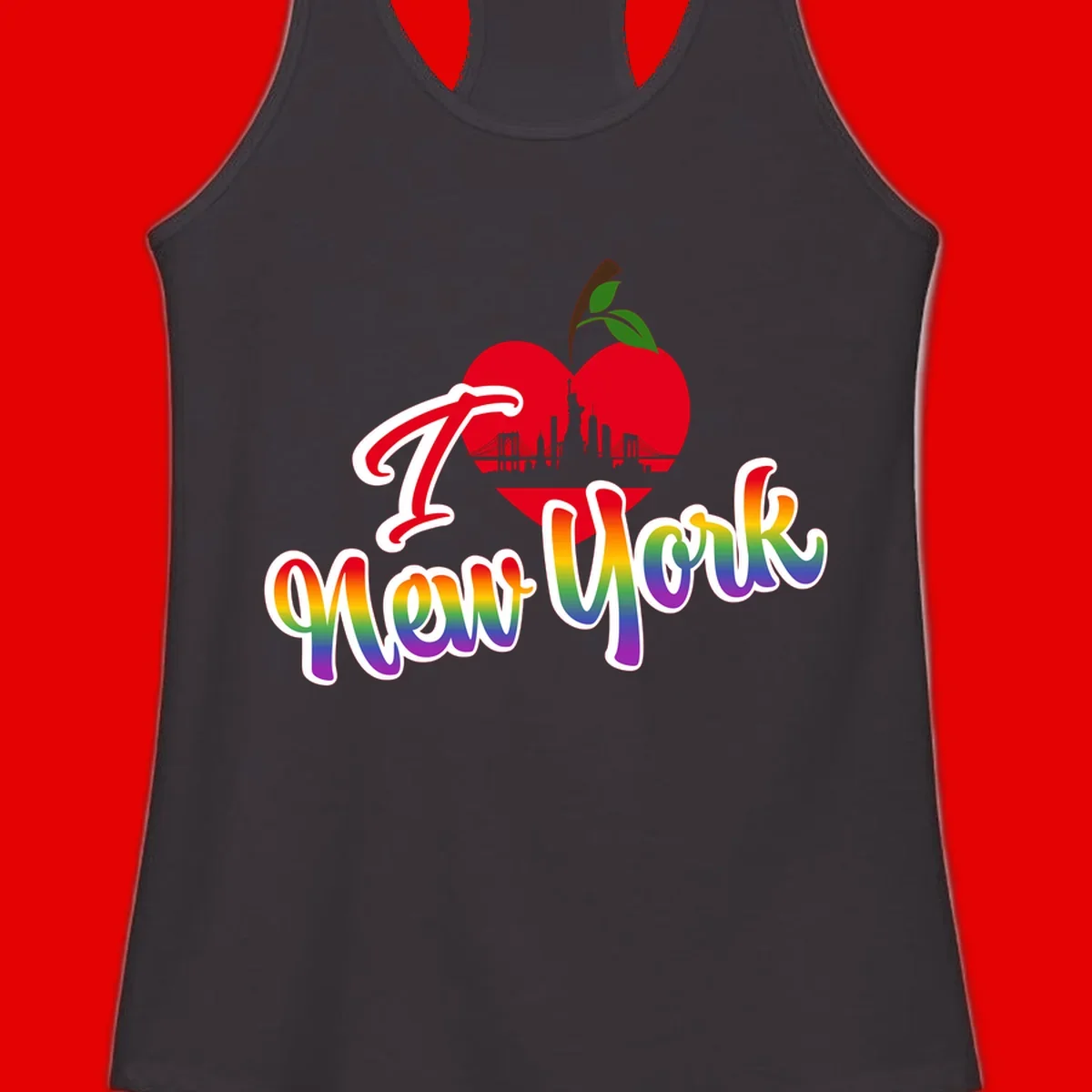 I Love New York Pride design featuring red apple with NYC skyline and rainbow gradient text celebrating LGBTQ+ pride