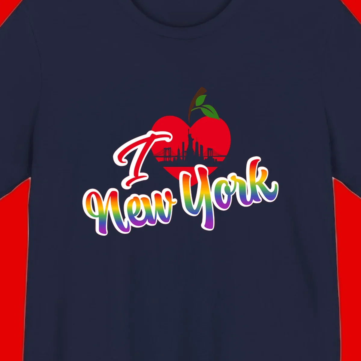 I Love New York Pride design featuring red apple with NYC skyline and rainbow gradient text celebrating LGBTQ+ pride