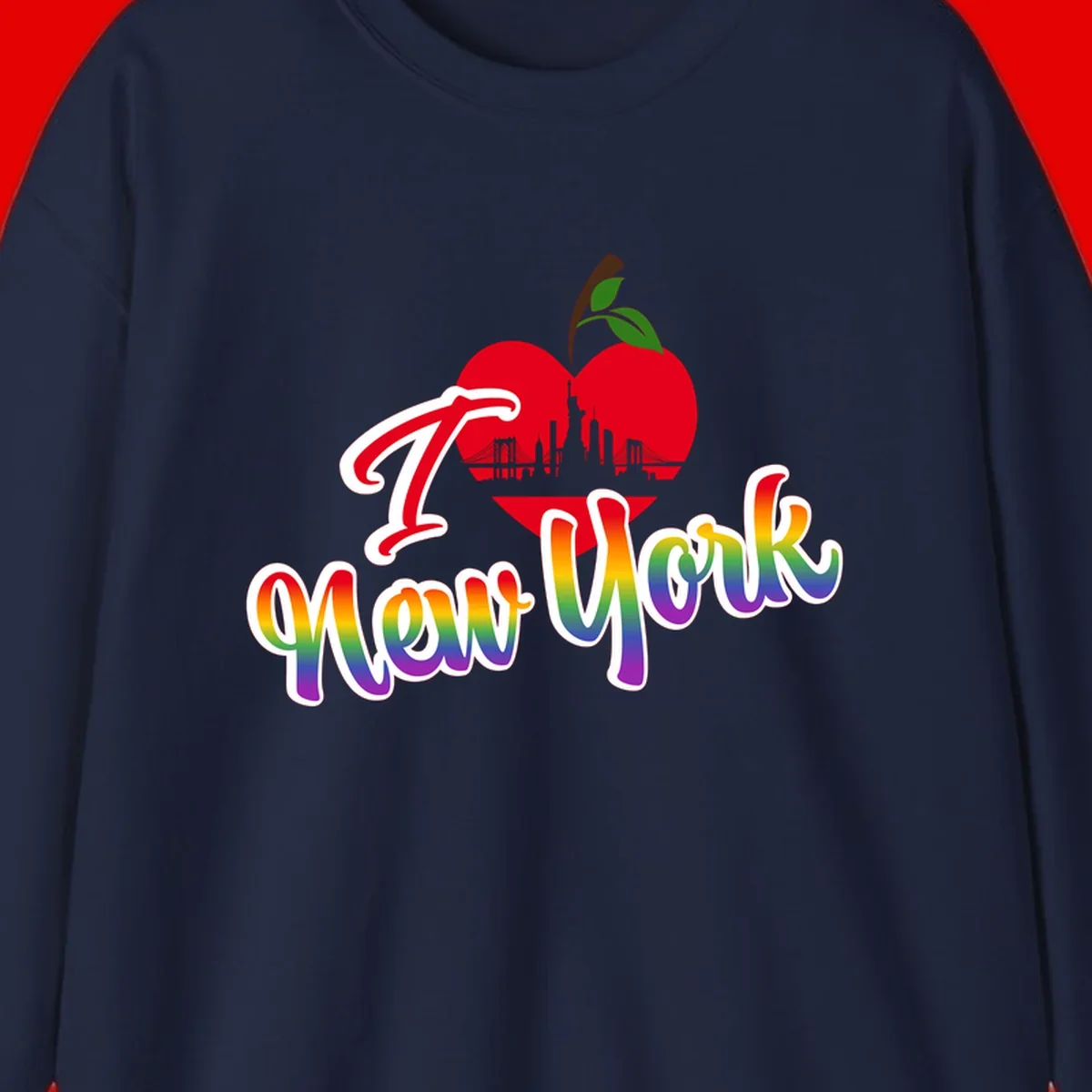 I Love New York Pride design featuring red apple with NYC skyline and rainbow gradient text celebrating LGBTQ+ pride