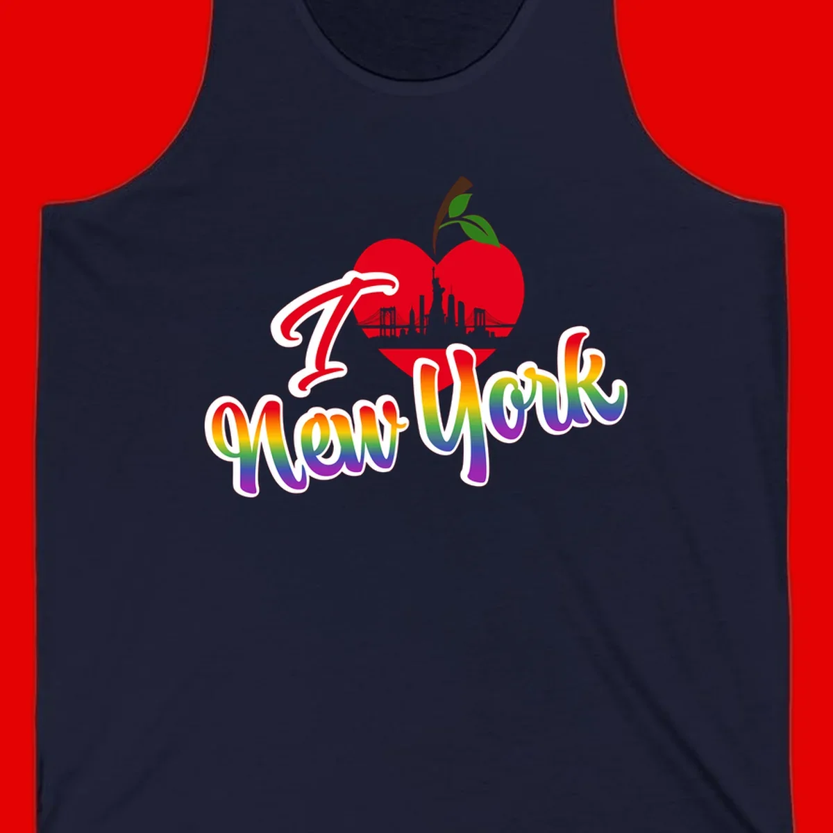 I Love New York Pride design featuring red apple with NYC skyline and rainbow gradient text celebrating LGBTQ+ pride